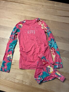 Roxy Girls' Pink Tropical Floral Long-Sleeve Rashguard Set